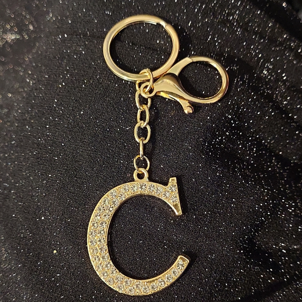 Gold Tone Allover Rhinestone Letter C Initial Bag Purse Charm Keychain N…